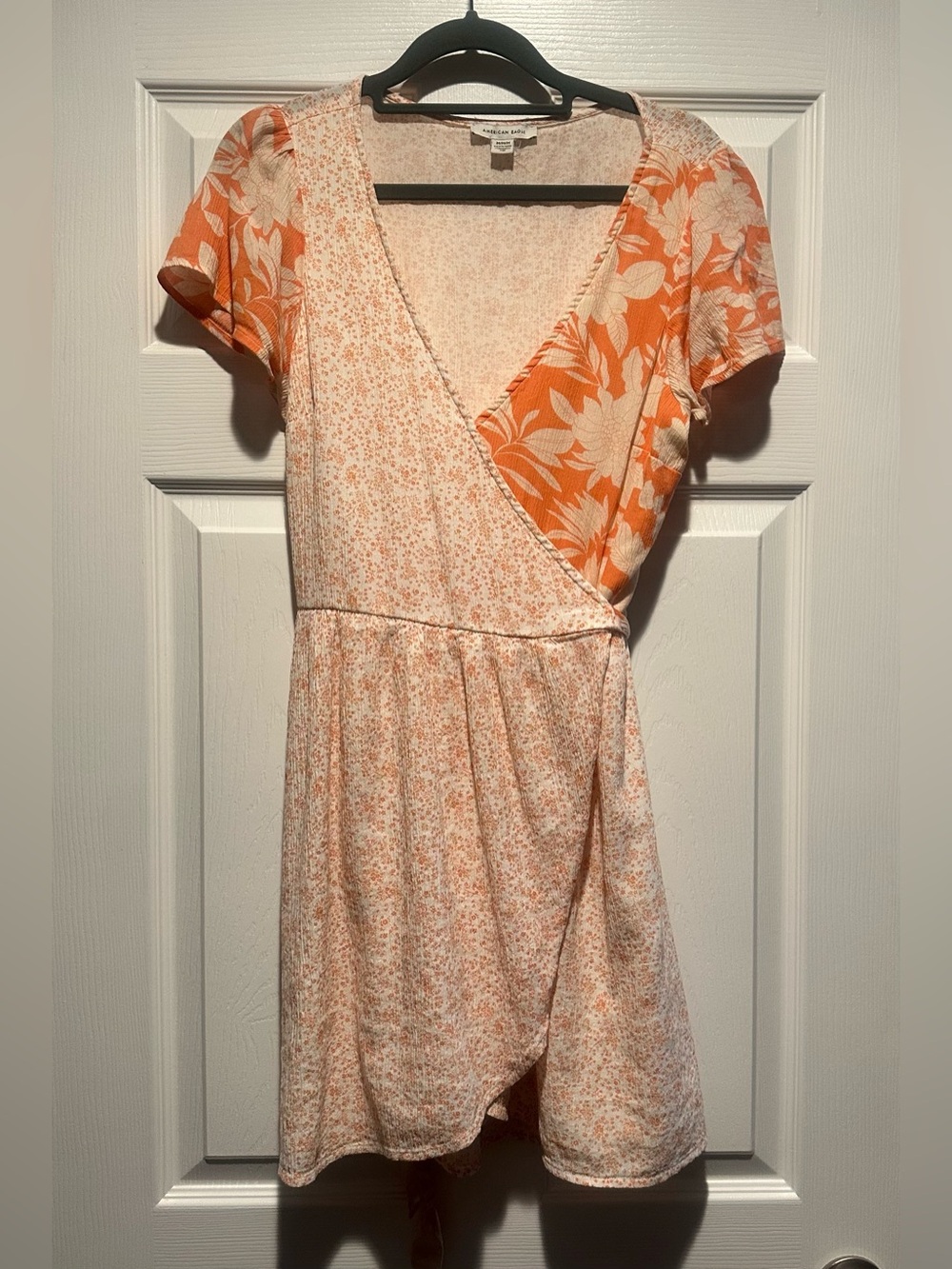 American Eagle Outfitters Peach and Cream Floral Wrap Mini Dress